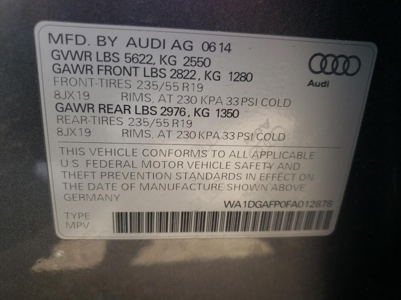 Photo 10 from auction – 2015 AUDI Q5 PREMIUM with VIN WA1DGAFP0FA012878