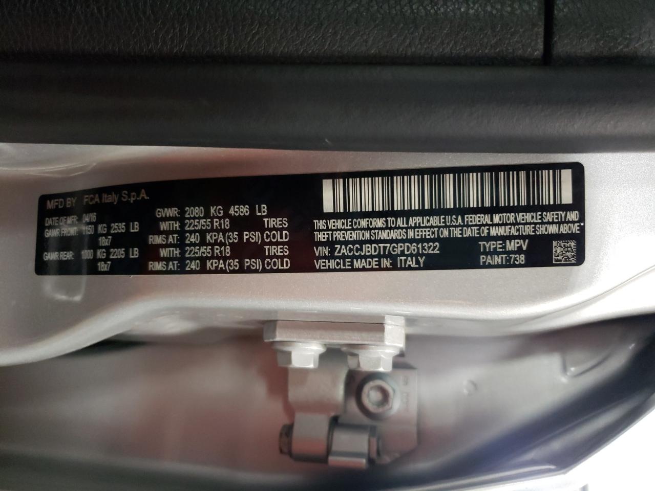 Photo 10 from auction – 2016 JEEP RENEGADE L with VIN ZACCJBDT7GPD61322
