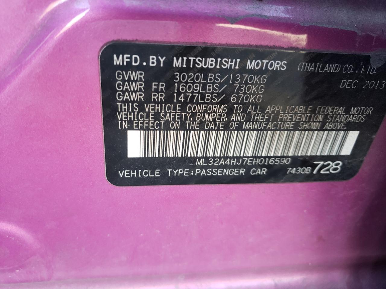Photo 10 from auction – 2014 MITSUBISHI MIRAGE ES with VIN ML32A4HJ7EH016590