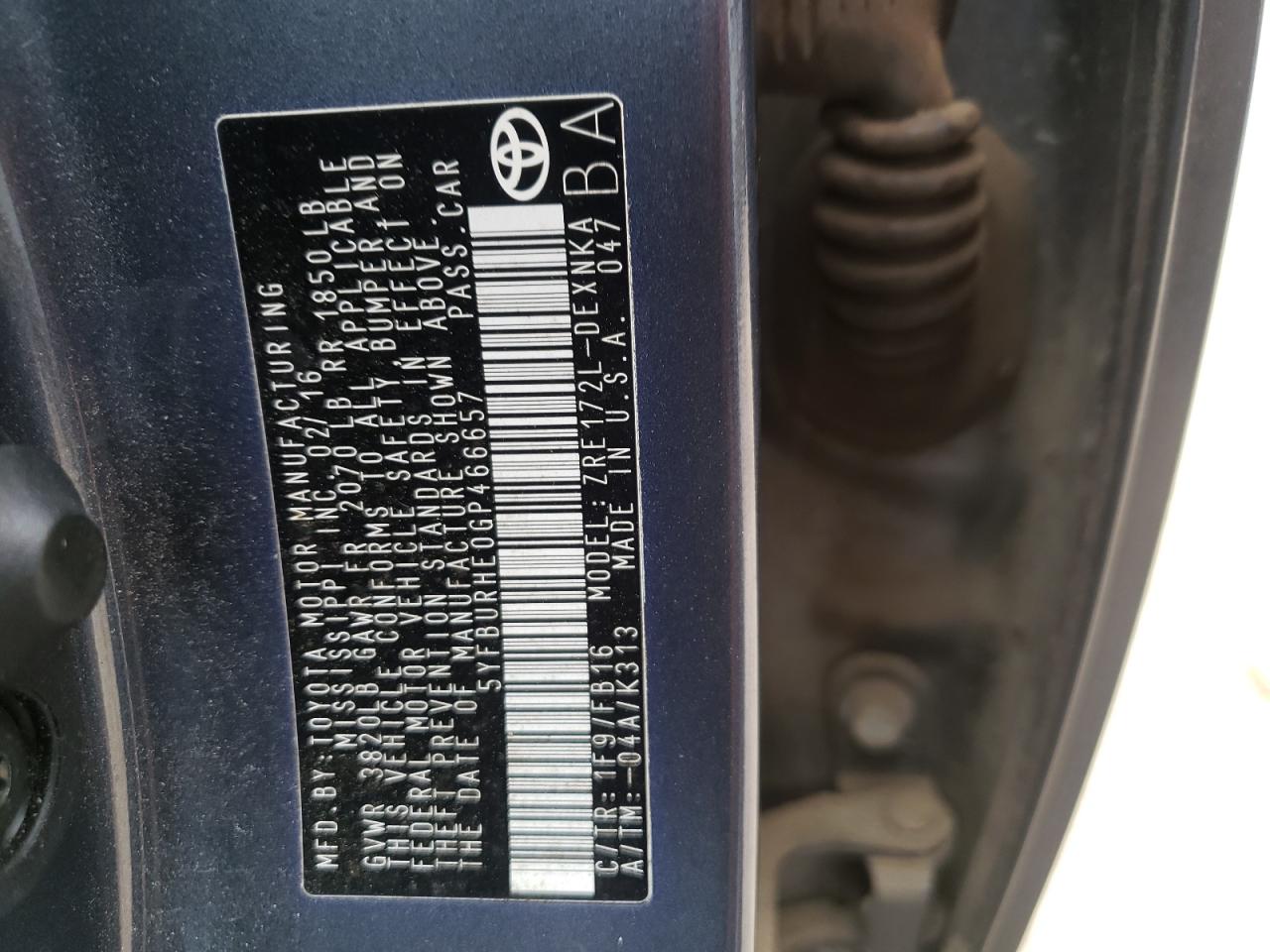 Zdjęcie 10 z aukcji – 2016 TOYOTA COROLLA L z VIN 5YFBURHE0GP466657
