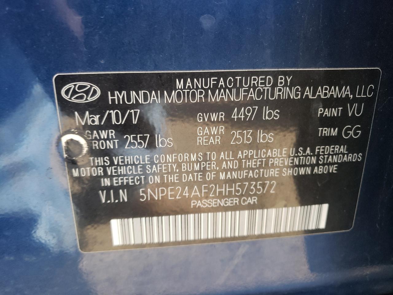 Photo 10 from auction – 2017 HYUNDAI SONATA SE with VIN 5NPE24AF2HH573572