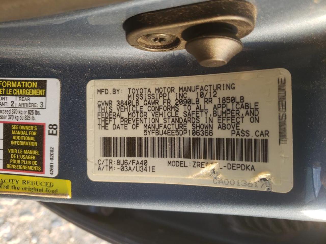 Photo 10 from auction – 2013 TOYOTA COROLLA BA with VIN 5YFBU4EE5DP106366