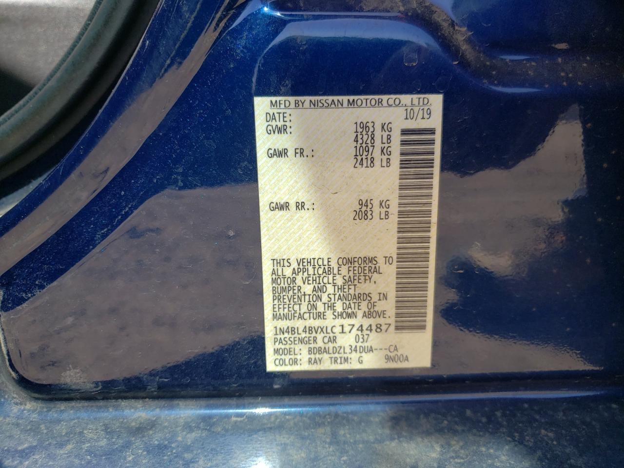 Photo 10 from auction – 2020 NISSAN ALTIMA S with VIN 1N4BL4BVXLC174487