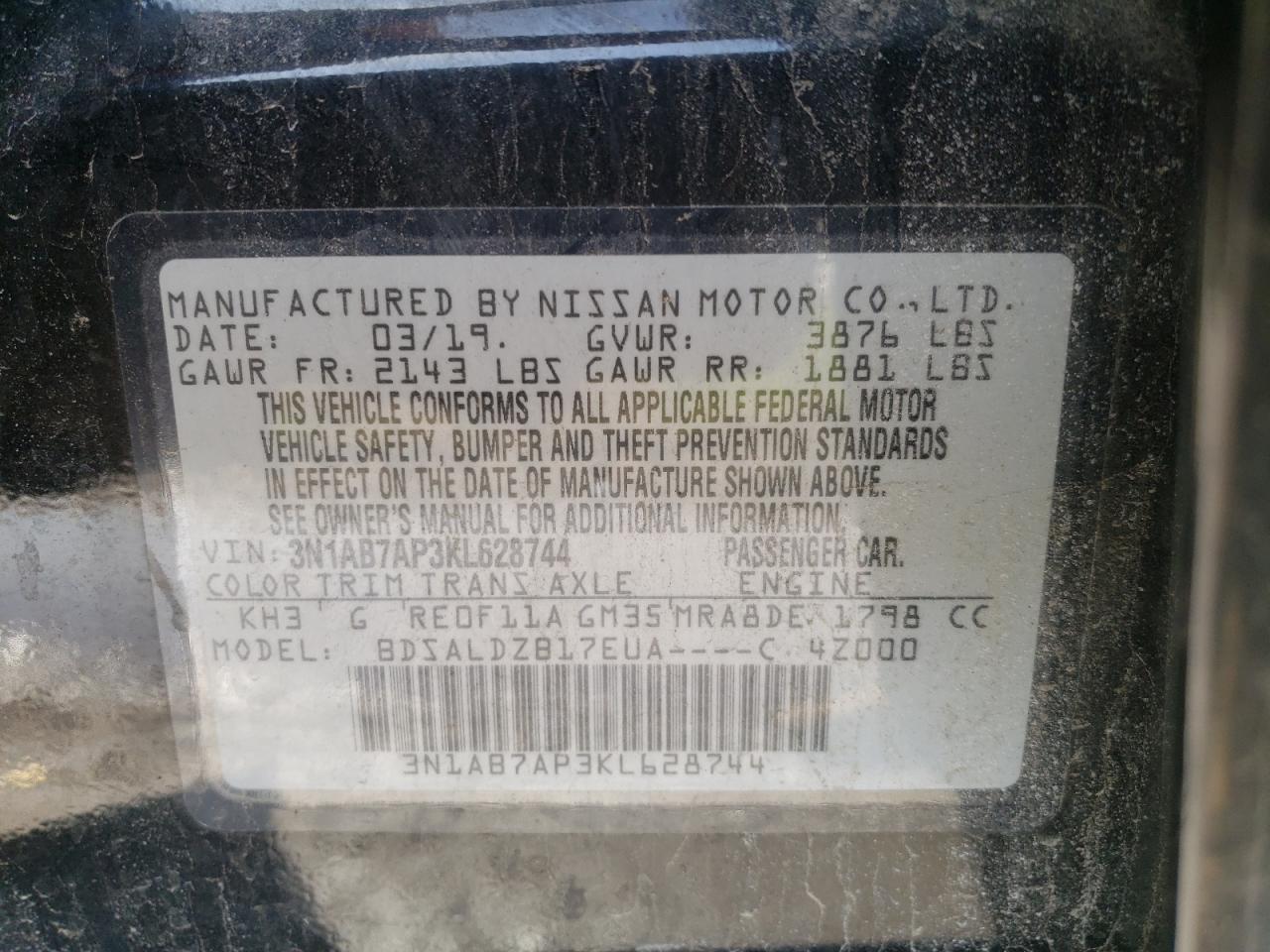 Photo 10 from auction – 2019 NISSAN SENTRA S with VIN 3N1AB7AP3KL628744