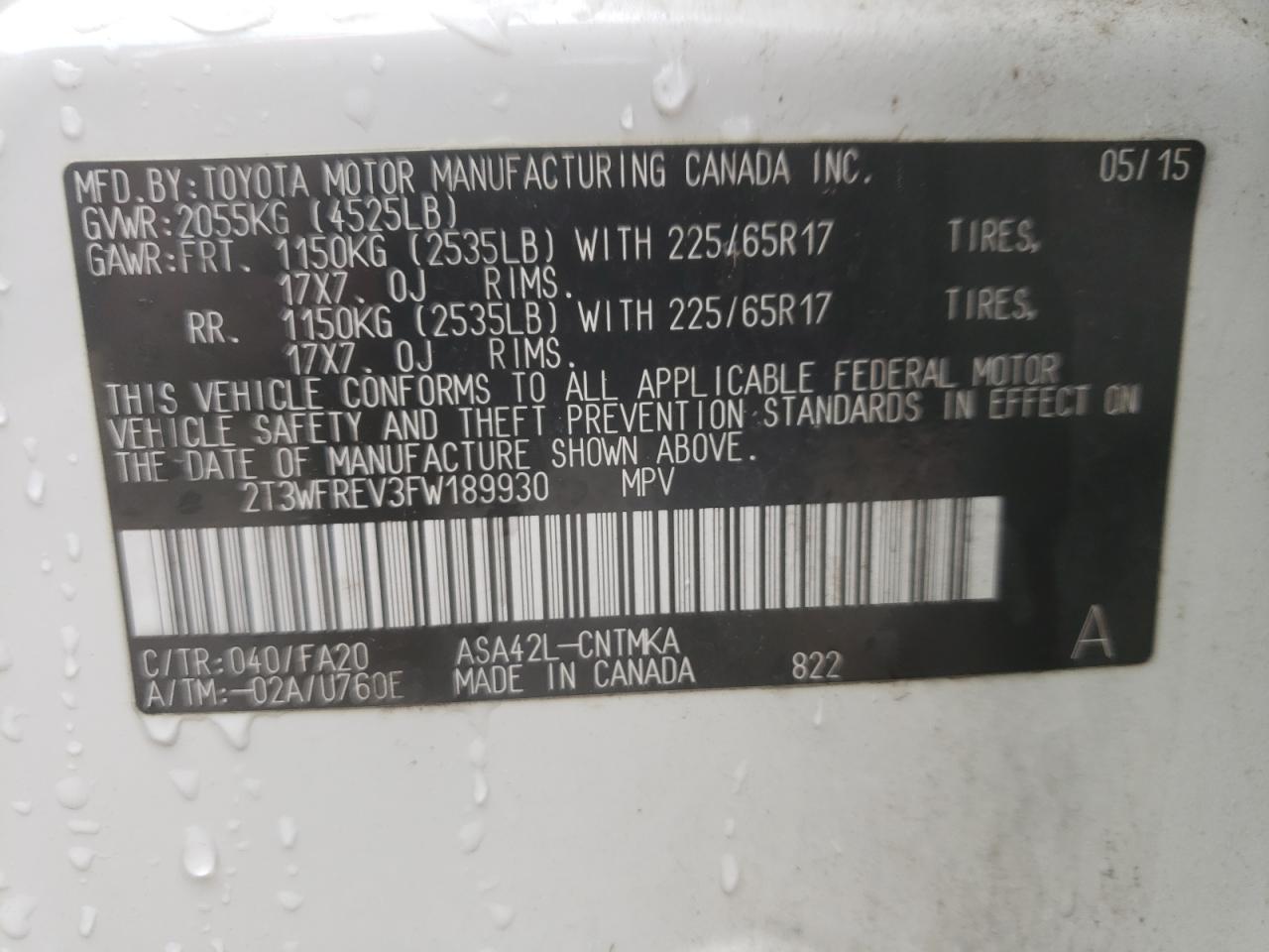Photo 10 from auction – 2015 TOYOTA RAV4 XLE with VIN 2T3WFREV3FW189930