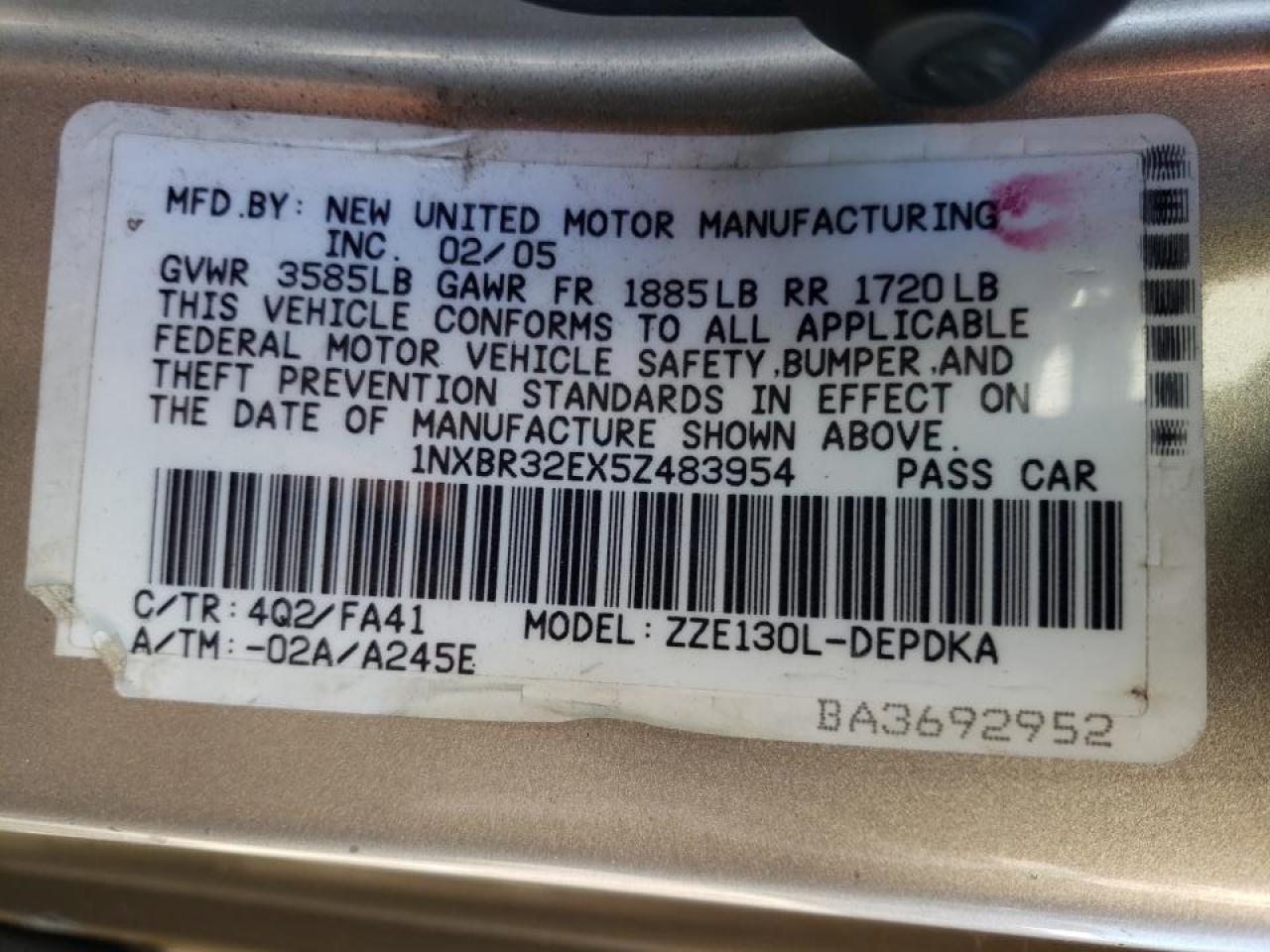 Photo 10 from auction – 2005 TOYOTA COROLLA CE with VIN 1NXBR32EX5Z483954