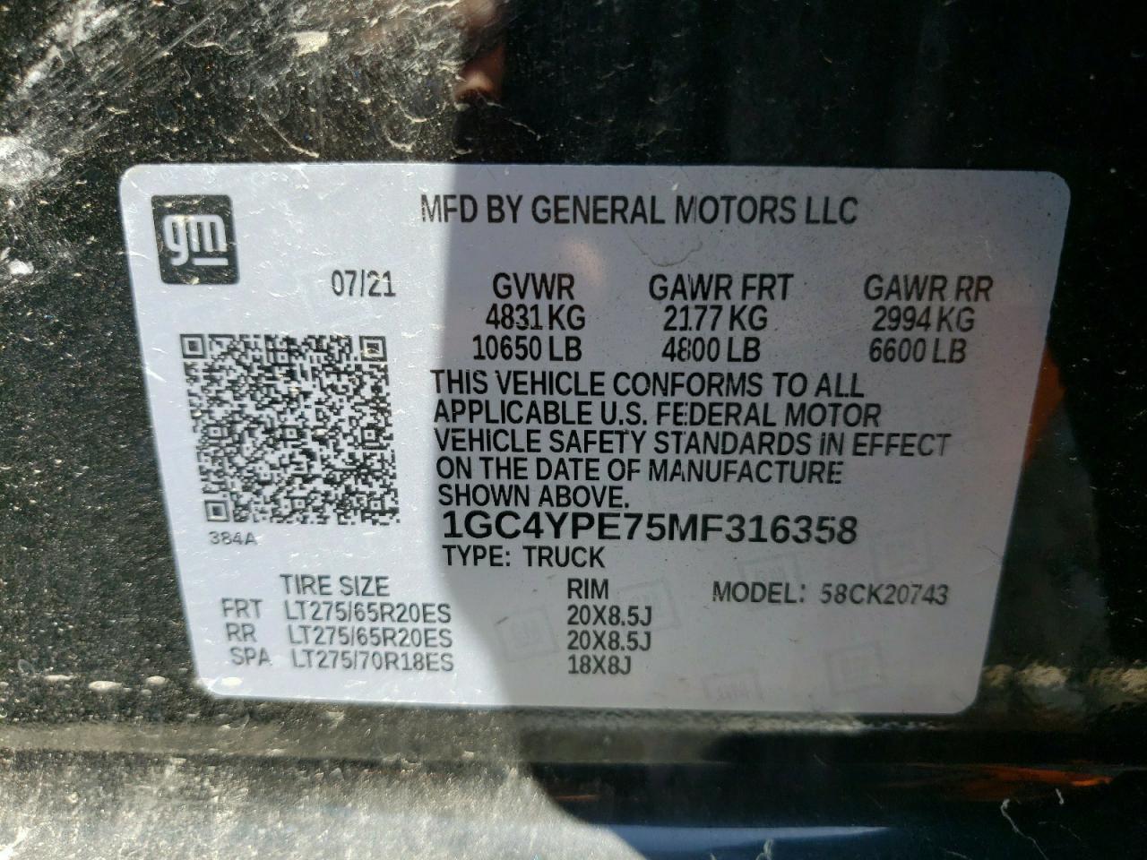 Photo 10 from auction – 2021 CHEVROLET SILVERADO with VIN 1GC4YPE75MF316358