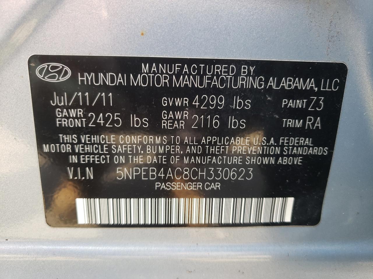 Photo 10 from auction – 2012 HYUNDAI SONATA GLS with VIN 5NPEB4AC8CH330623