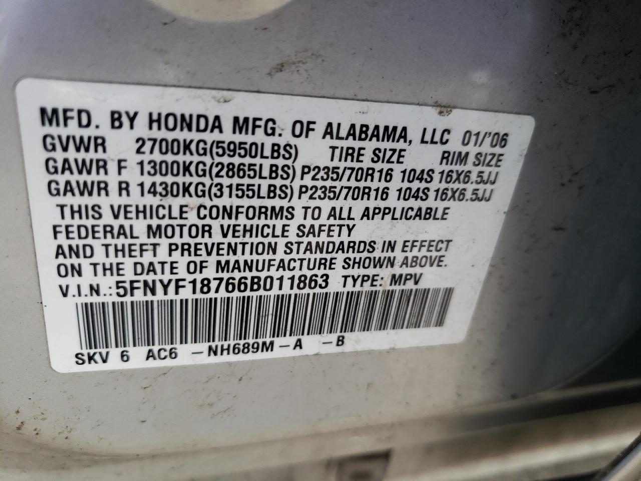 Photo 10 from auction – 2006 HONDA PILOT EX with VIN 5FNYF18766B011863