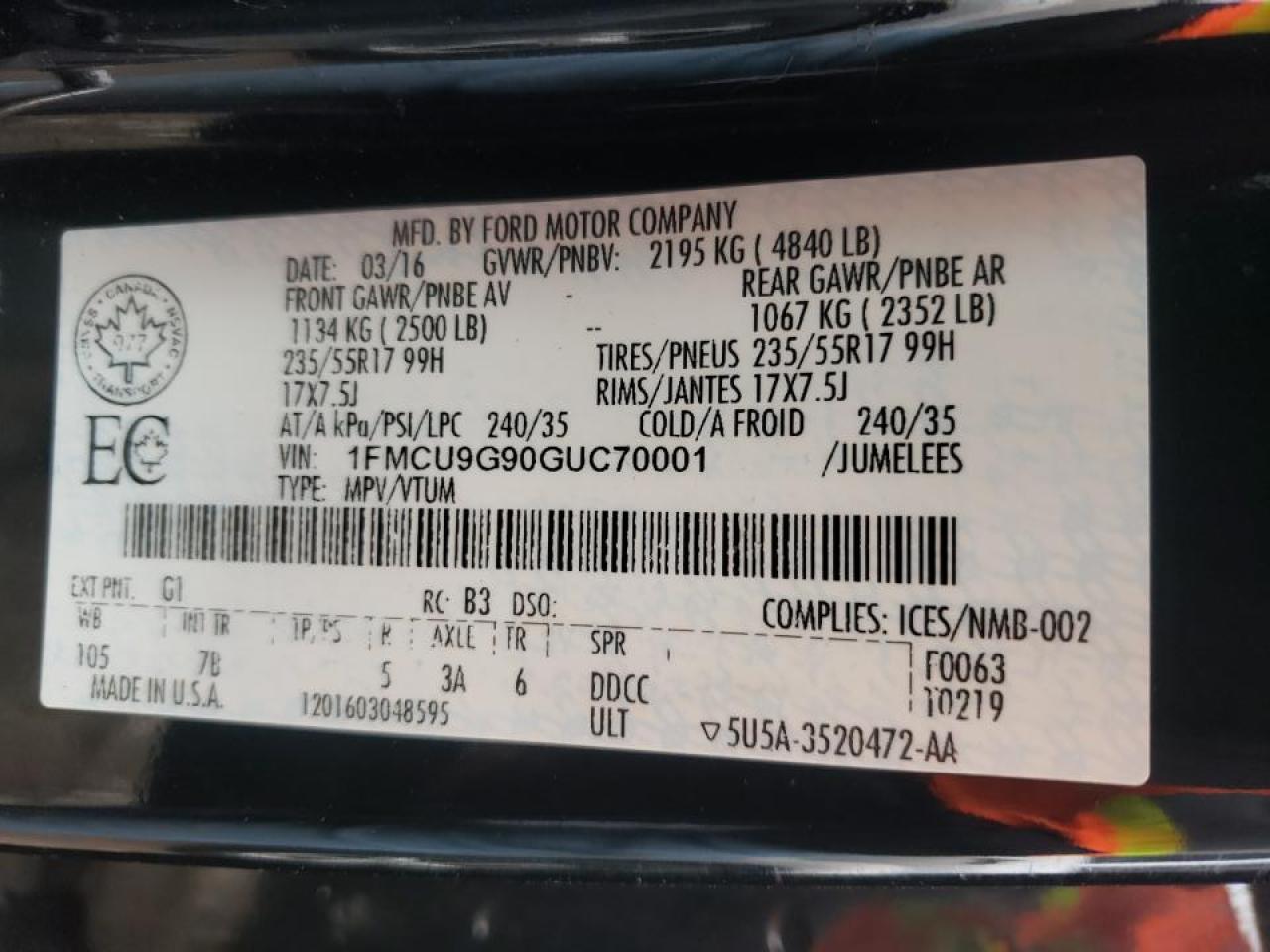 Photo 10 from auction – 2016 FORD ESCAPE SE with VIN 1FMCU9G90GUC70001
