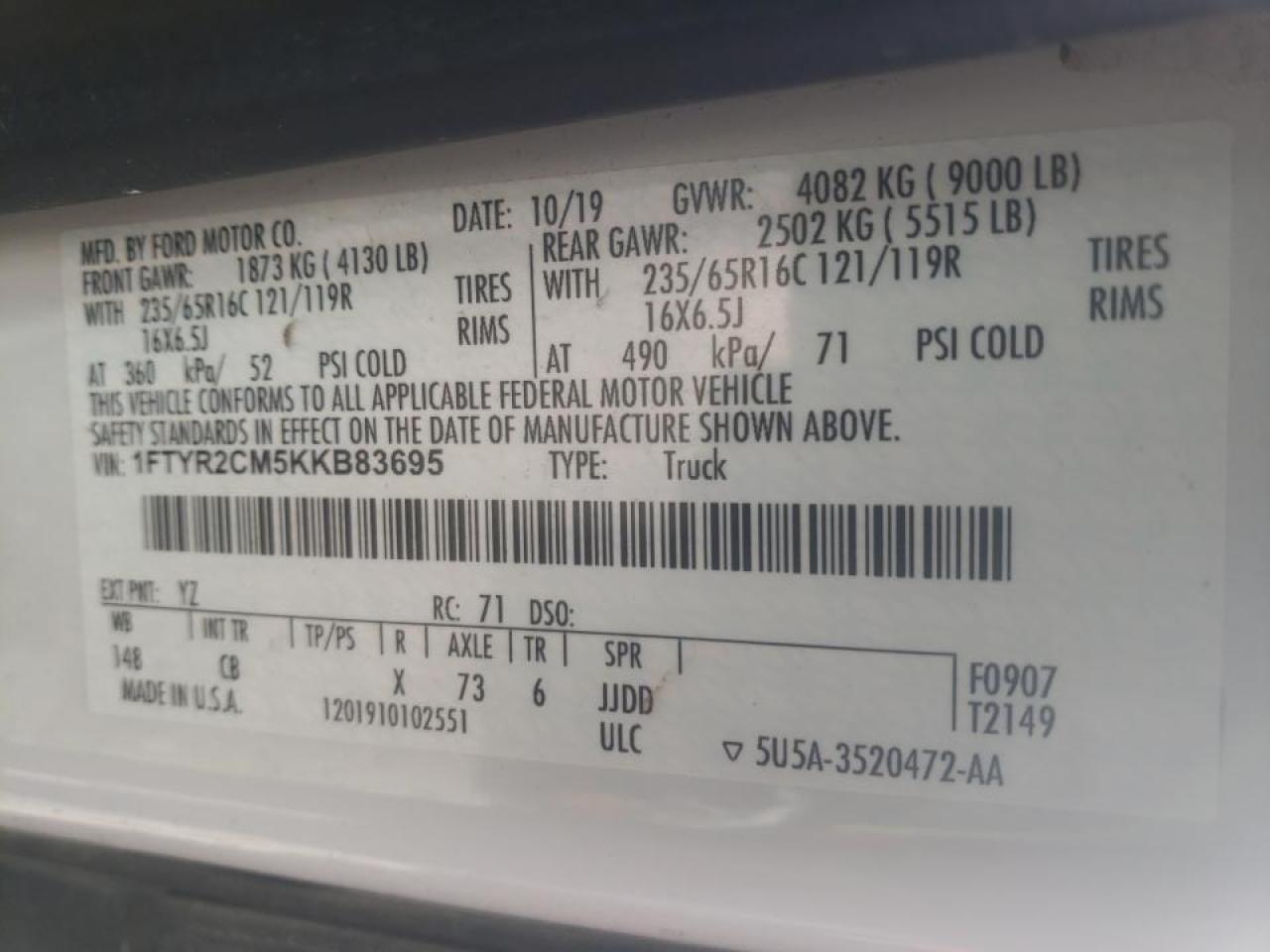 Photo 10 from auction – 2019 FORD TRANSIT T- with VIN 1FTYR2CM5KKB83695