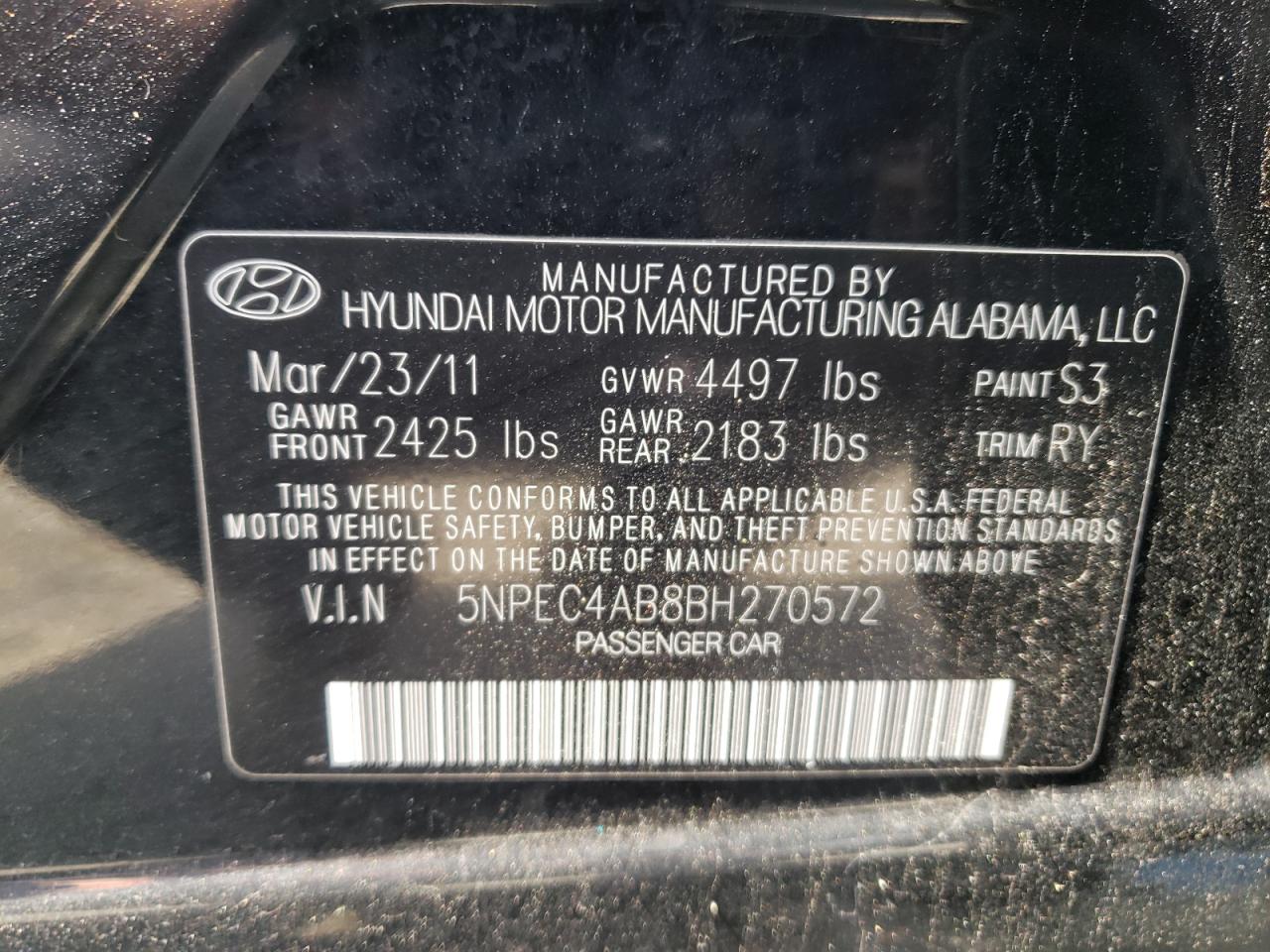 Photo 10 from auction – 2011 HYUNDAI SONATA SE with VIN 5NPEC4AB8BH270572