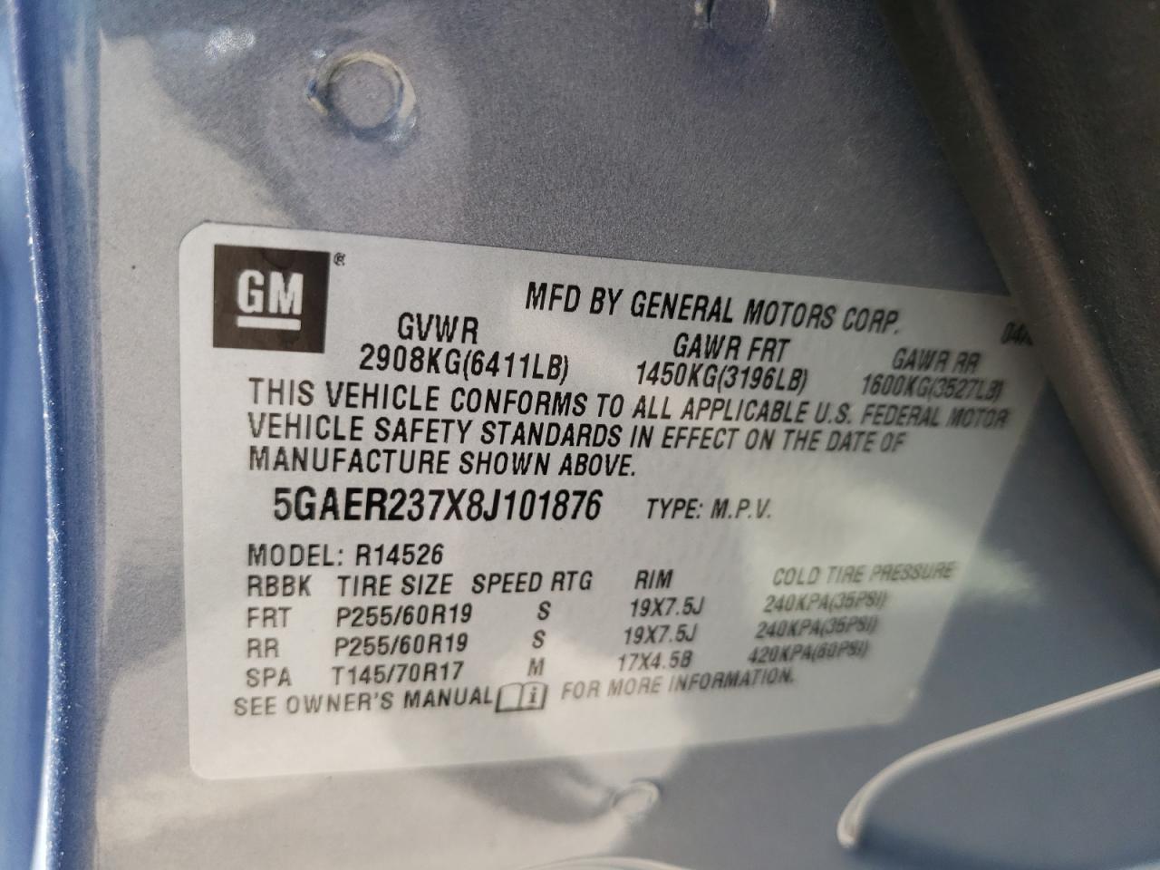 Photo 10 from auction – 2008 BUICK ENCLAVE CX with VIN 5GAER237X8J101876