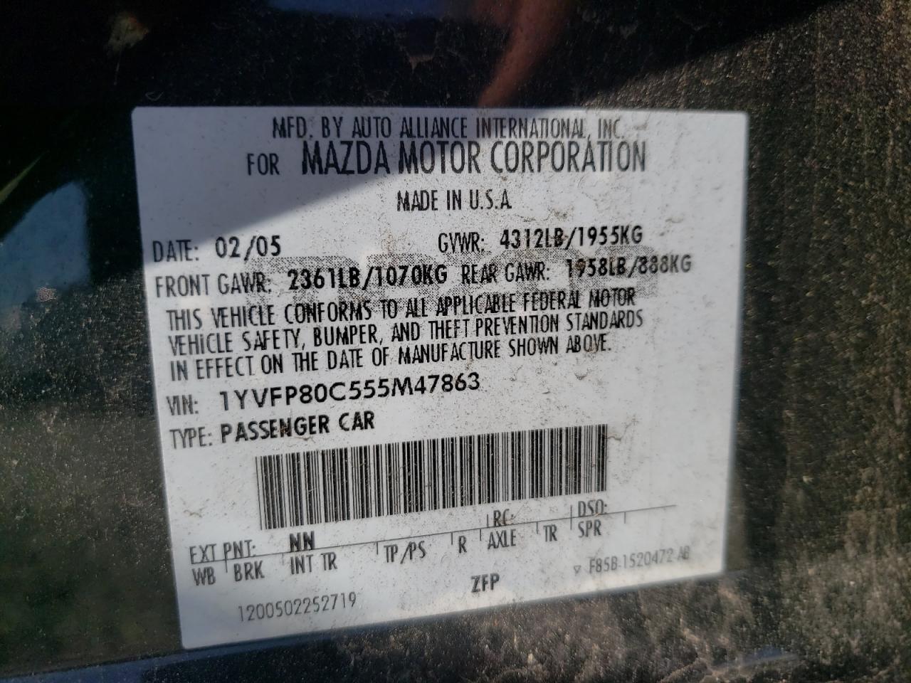 Photo 10 from auction – 2005 MAZDA 6 I with VIN 1YVFP80C555M47863
