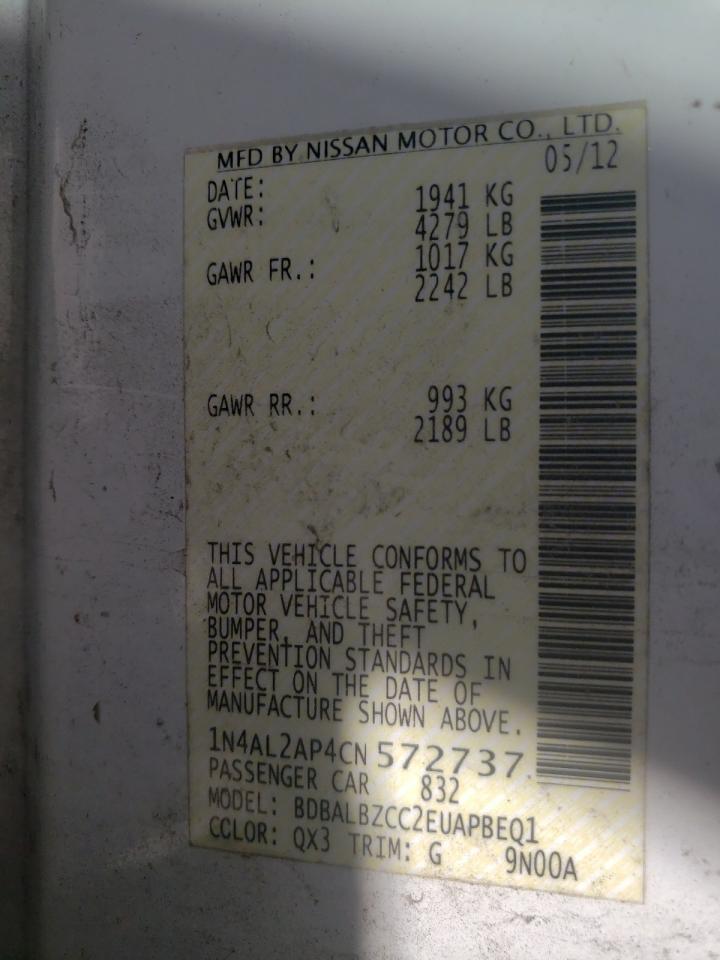 Photo 10 from auction – 2012 NISSAN ALTIMA BAS with VIN 1N4AL2AP4CN572737