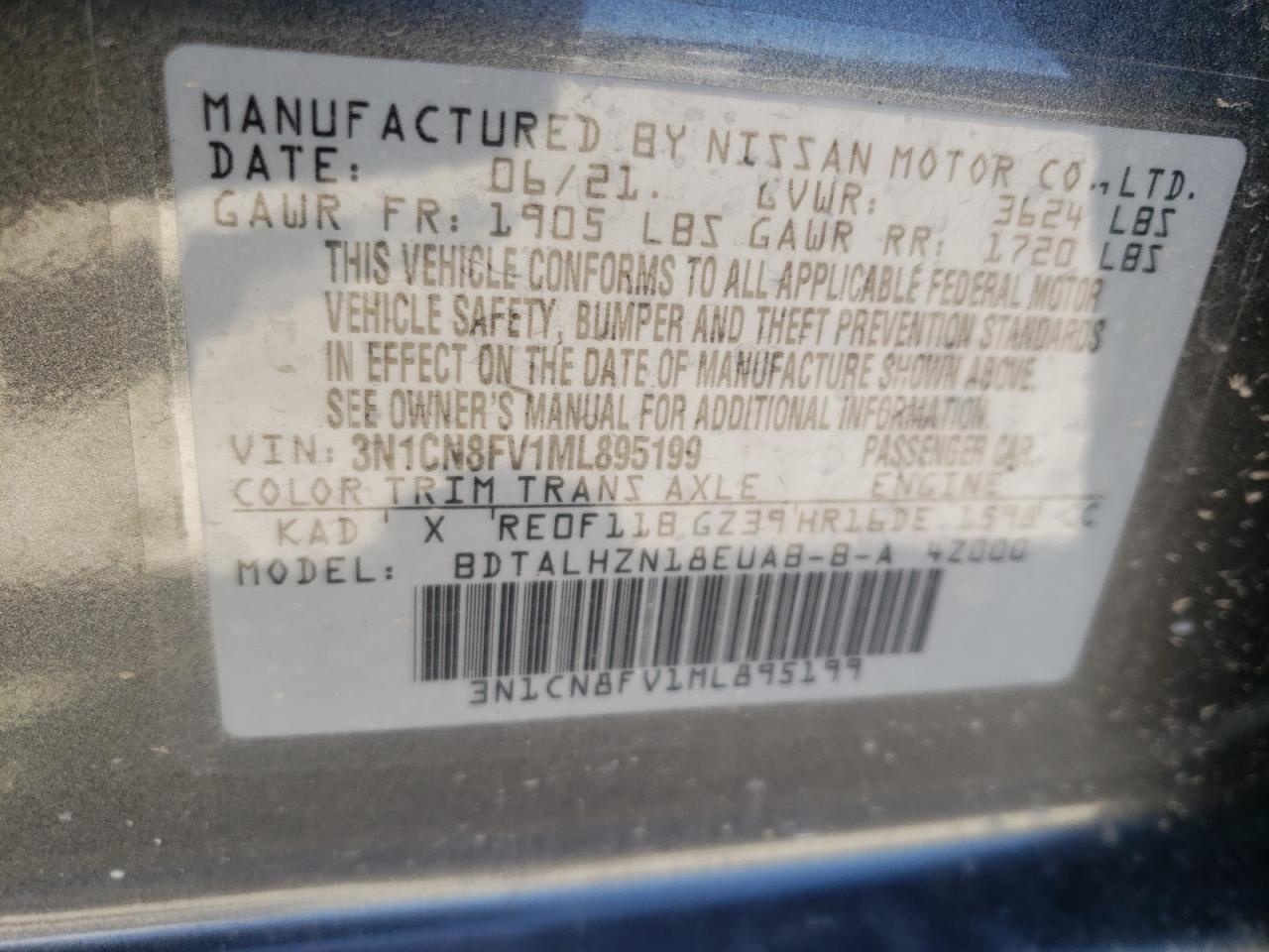 Photo 10 from auction – 2021 NISSAN VERSA SR with VIN 3N1CN8FV1ML895199
