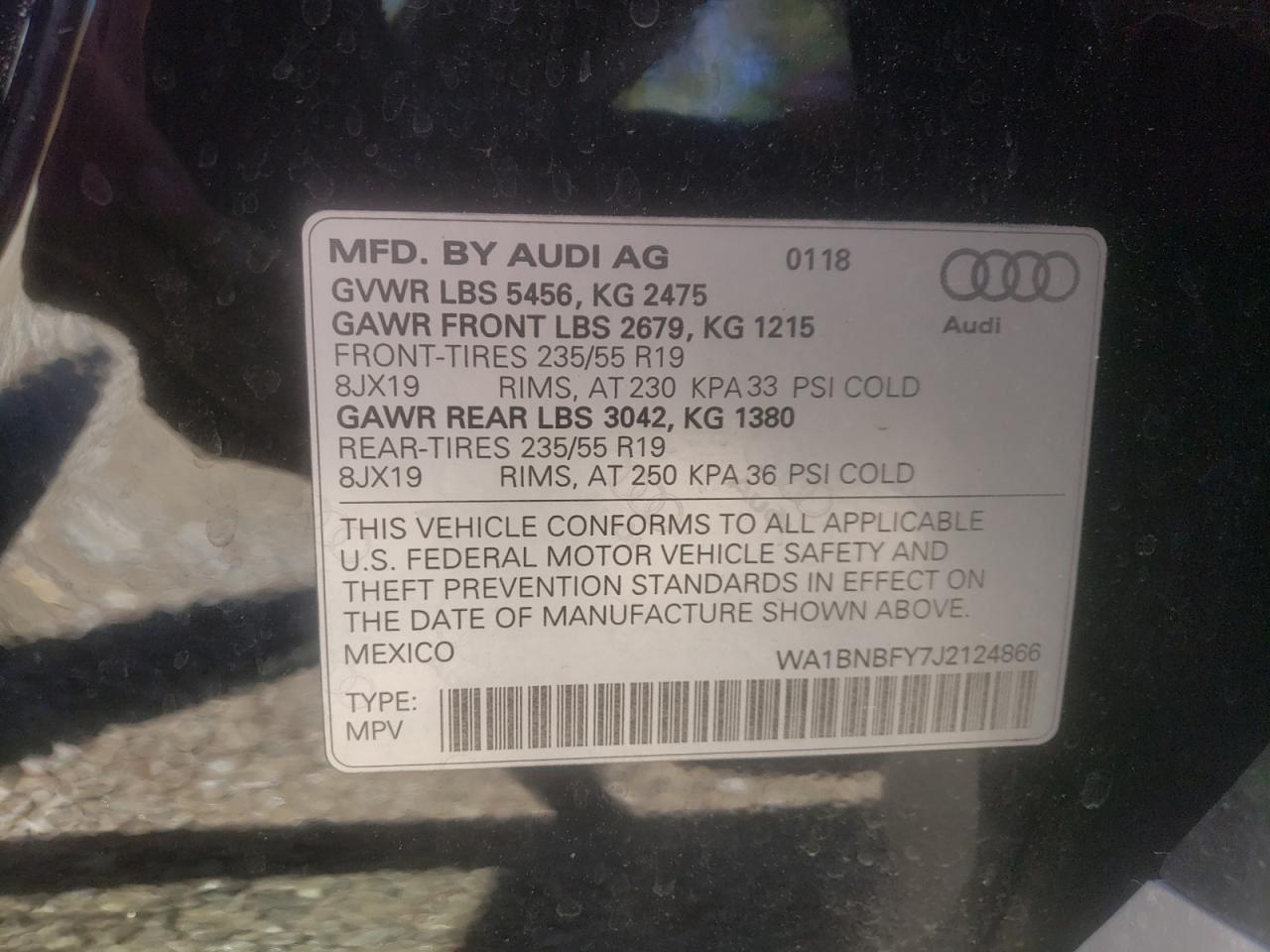 Photo 10 from auction – 2018 AUDI Q5 PREMIUM with VIN WA1BNBFY7J2124866