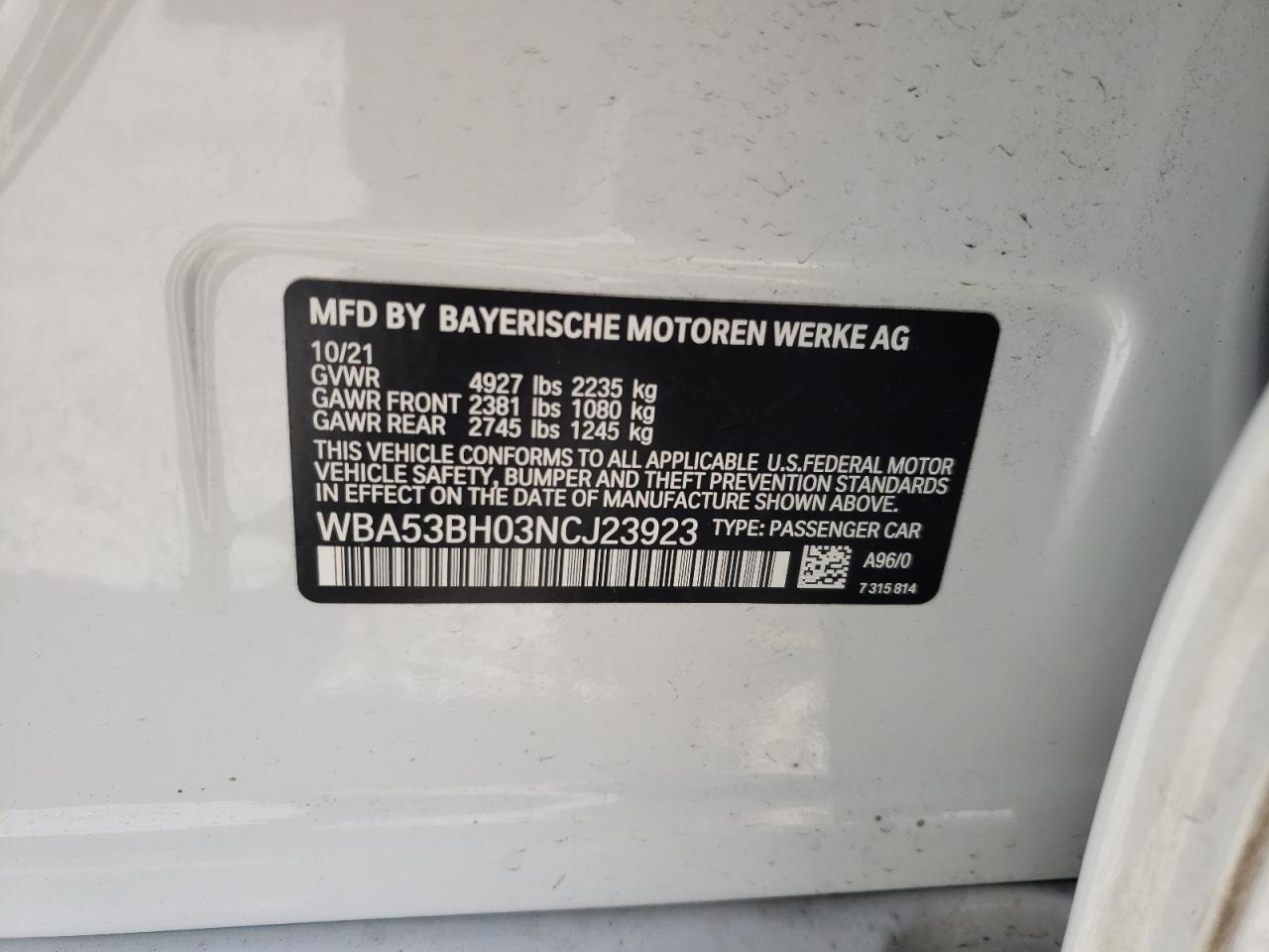 Photo 10 from auction – 2022 BMW 530 I with VIN WBA53BH03NCJ23923