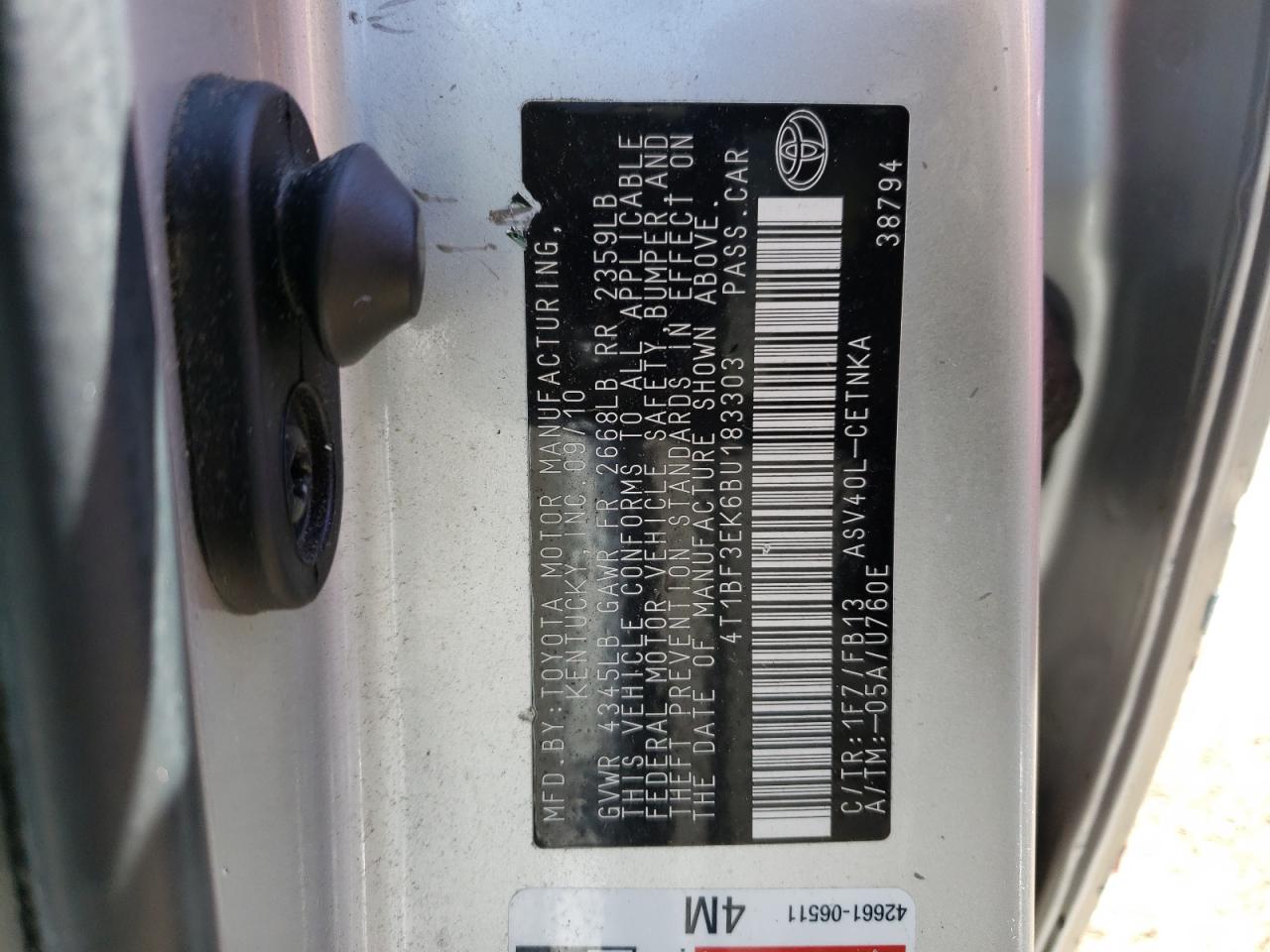 Photo 10 from auction – 2011 TOYOTA CAMRY BASE with VIN 4T1BF3EK6BU183303