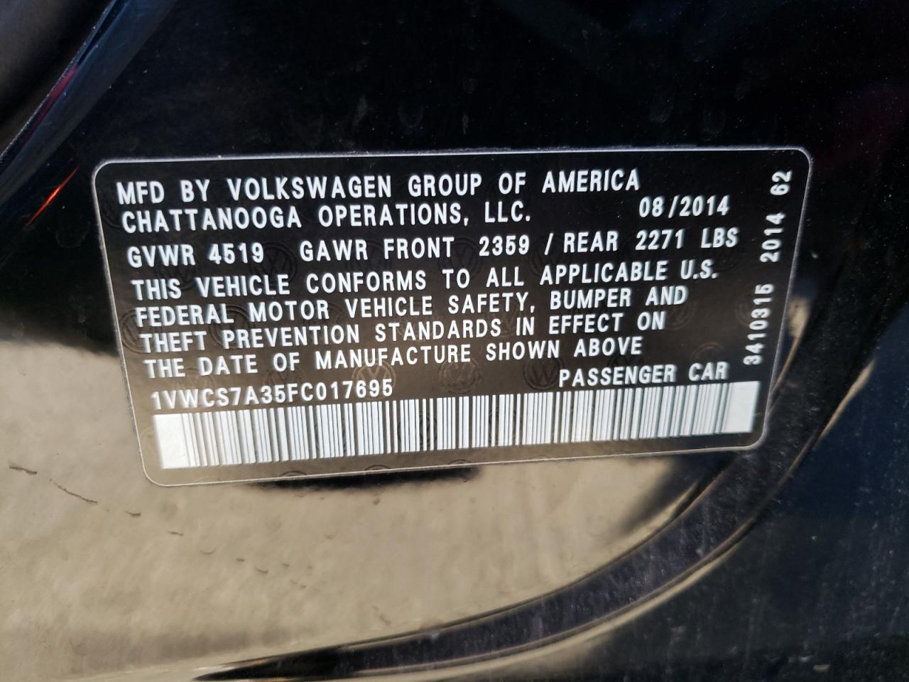 Photo 10 from auction – 2015 VOLKSWAGEN PASSAT SEL with VIN 1VWCS7A35FC017695