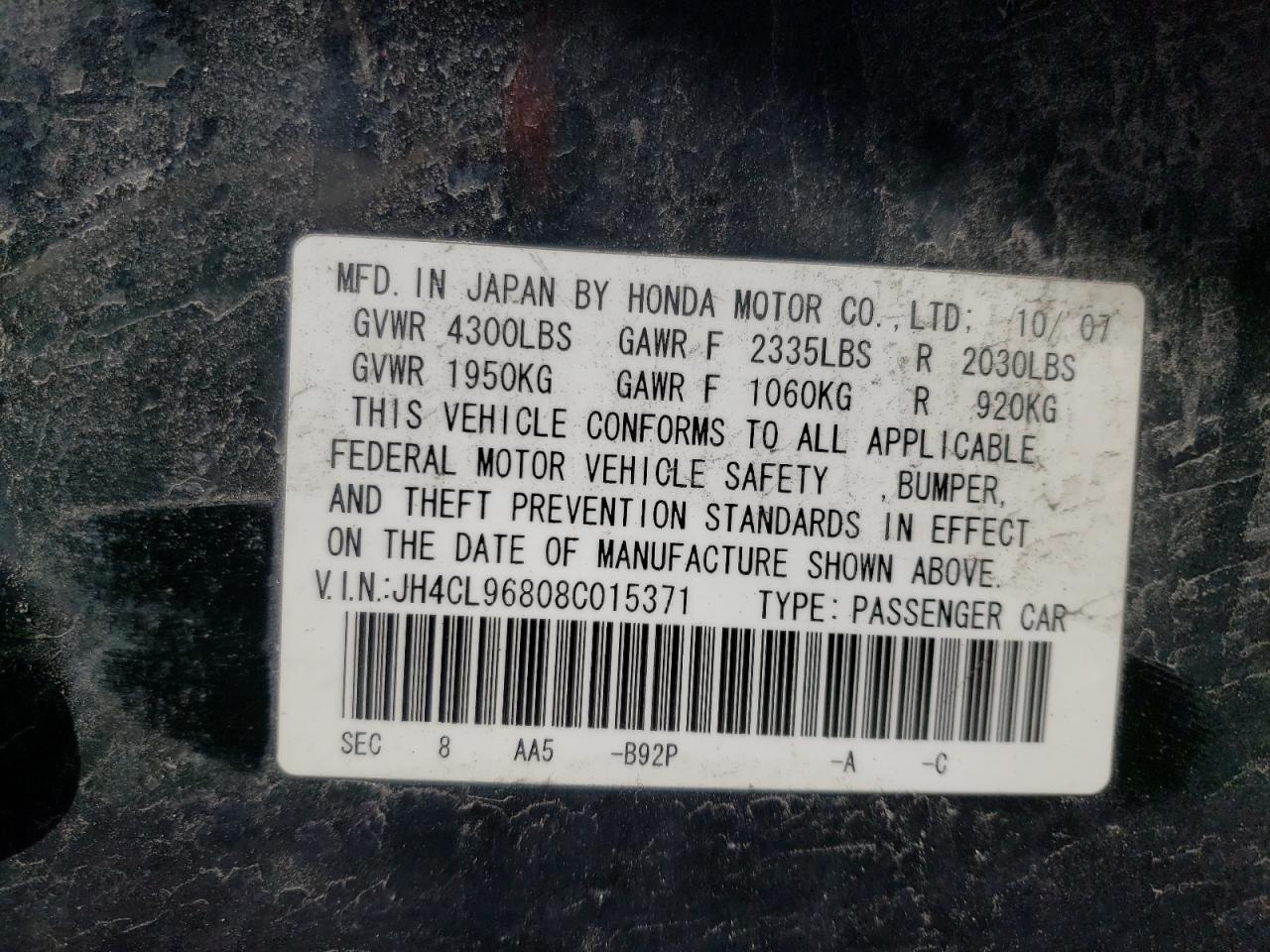 Photo 10 from auction – 2008 ACURA TSX with VIN JH4CL96808C015371