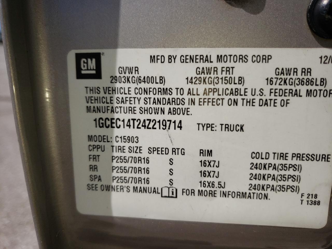 Photo 10 from auction – 2004 CHEVROLET SILVERADO with VIN 1GCEC14T24Z219714