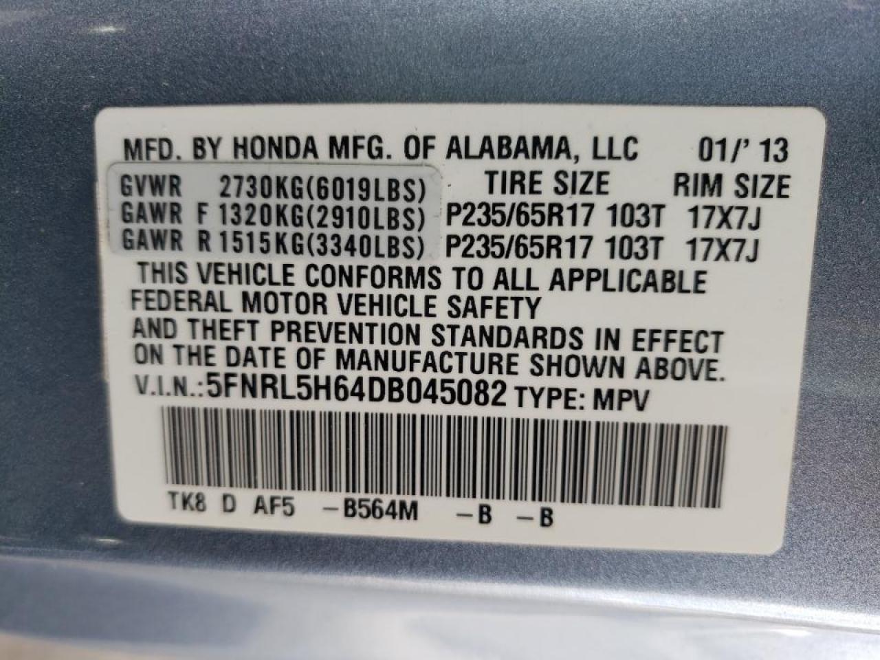 Photo 10 from auction – 2013 HONDA ODYSSEY EX with VIN 5FNRL5H64DB045082