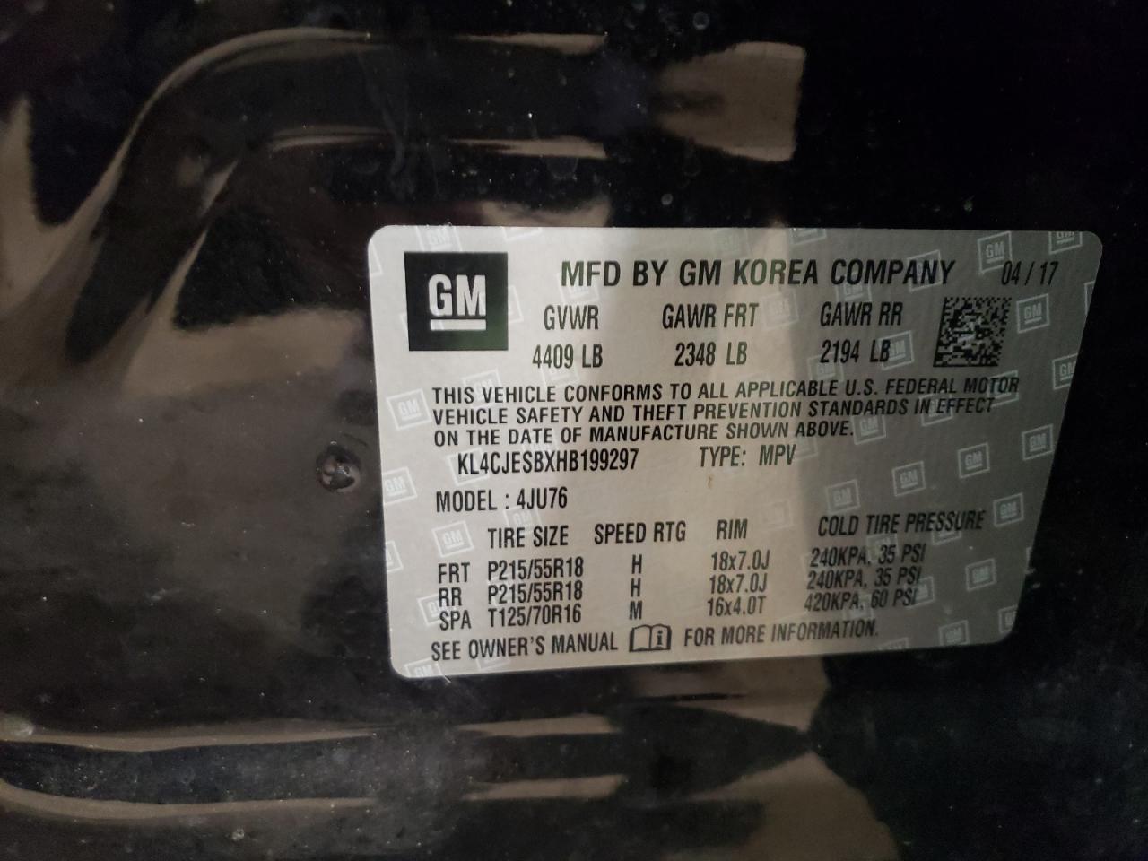Photo 10 from auction – 2017 BUICK ENCORE PRE with VIN KL4CJESBXHB199297