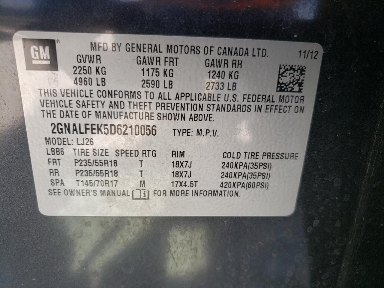 Photo 10 from auction – 2013 CHEVROLET EQUINOX LT with VIN 2GNALFEK5D6210056