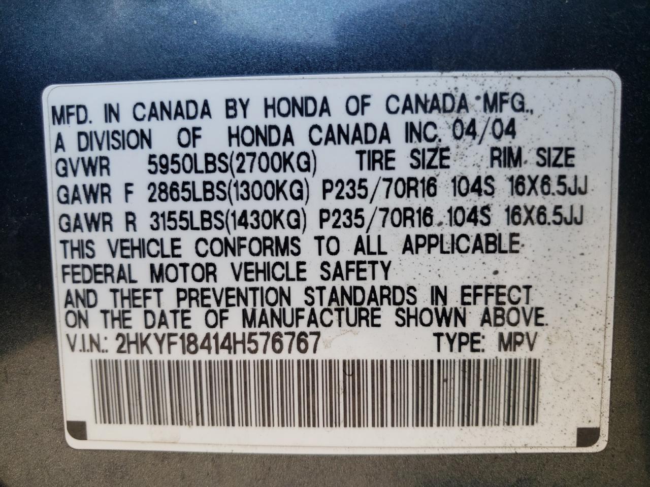 Photo 10 from auction – 2004 HONDA PILOT EX with VIN 2HKYF18414H576767