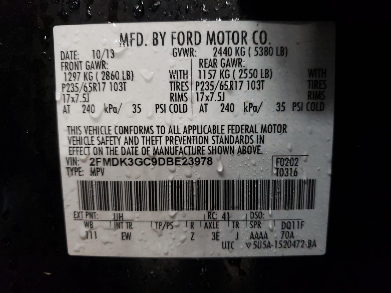 Photo 10 from auction – 2013 FORD EDGE SE with VIN 2FMDK3GC9DBE23978