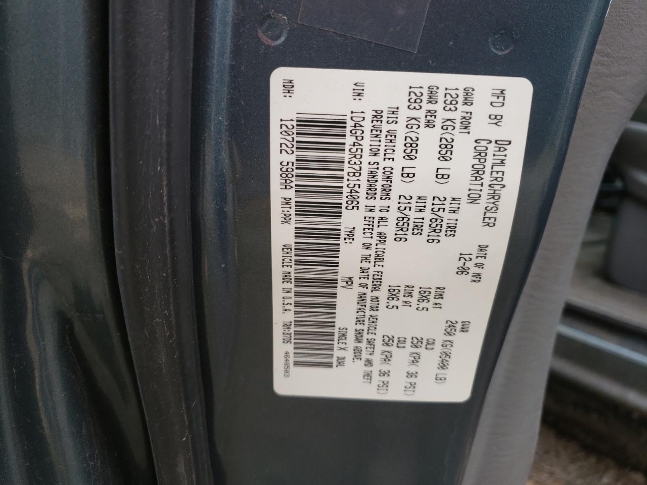 Photo 10 from auction – 2007 DODGE CARAVAN SX with VIN 1D4GP45R37B154065