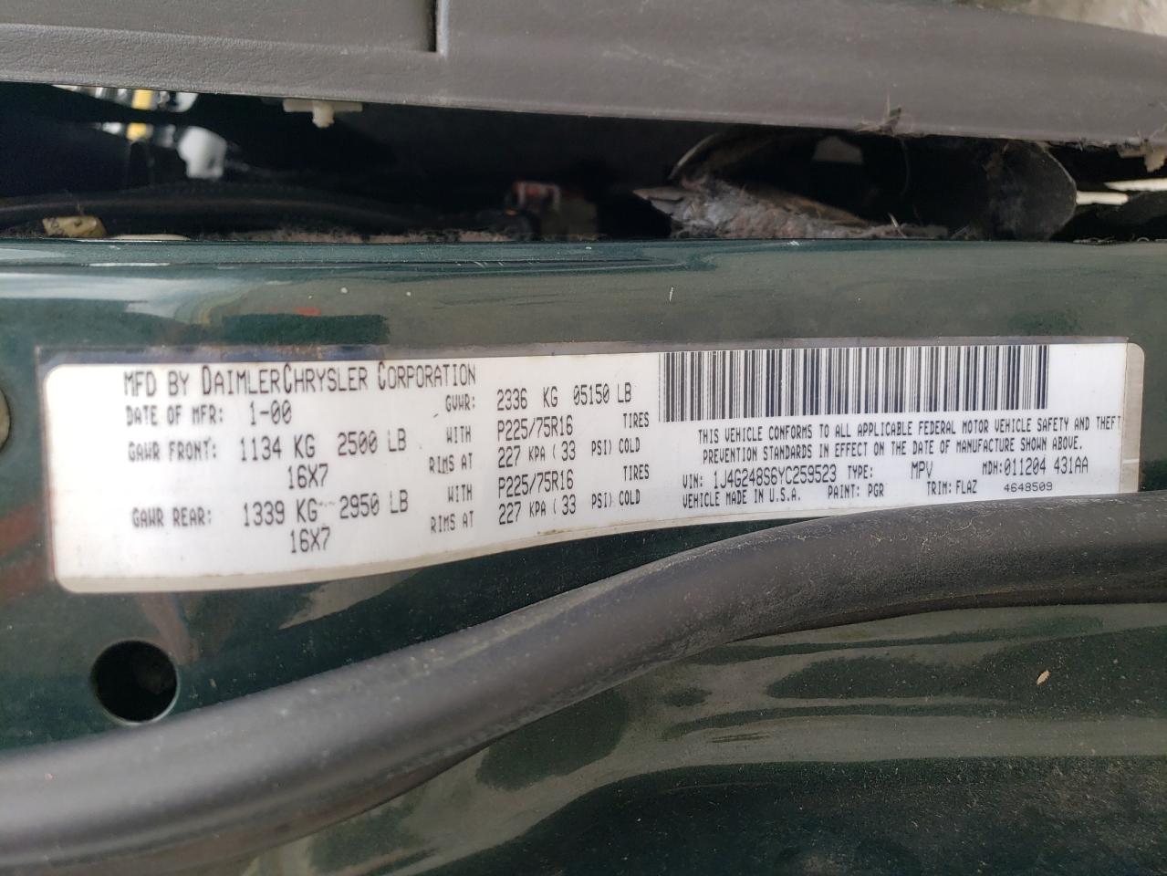 Photo 10 from auction – 2000 JEEP GRAND CHER with VIN 1J4G248S6YC259523