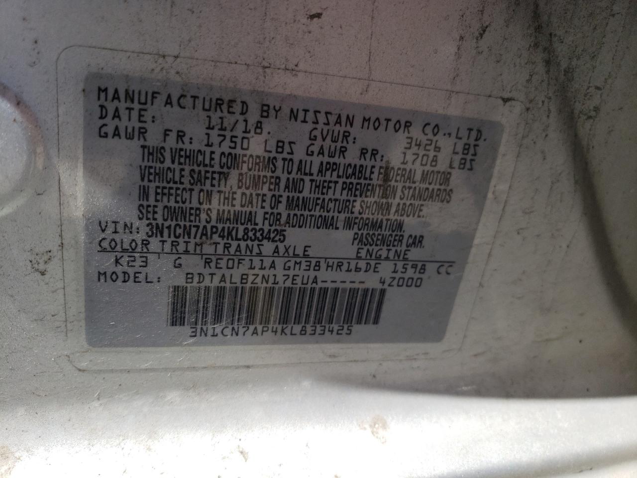 Photo 10 from auction – 2019 NISSAN VERSA S with VIN 3N1CN7AP4KL833425
