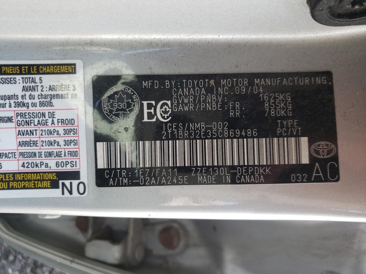 Photo 10 from auction – 2005 TOYOTA COROLLA CE with VIN 2T1BR32E35C869486