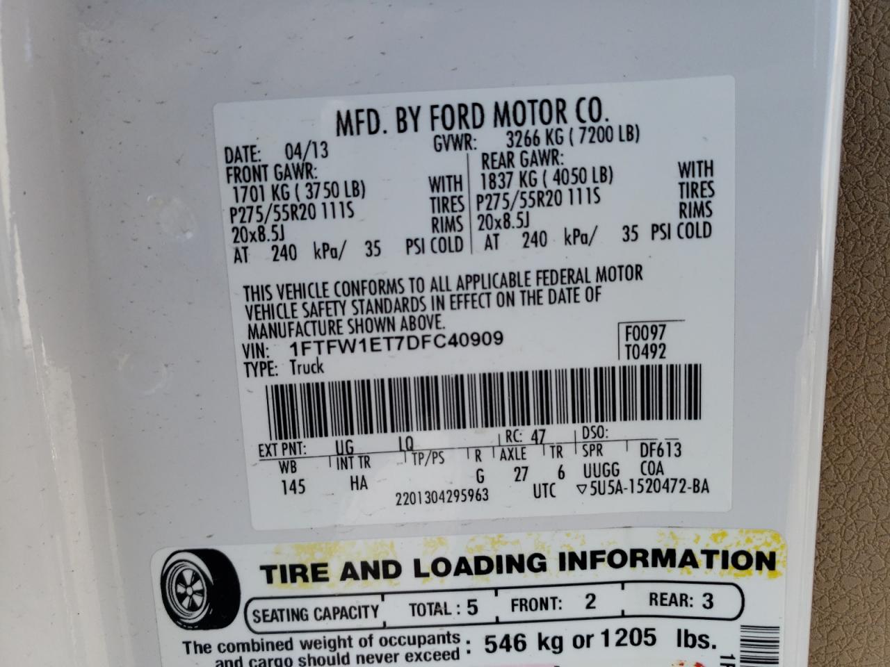 Photo 10 from auction – 2013 FORD F150 SUPER with VIN 1FTFW1ET7DFC40909