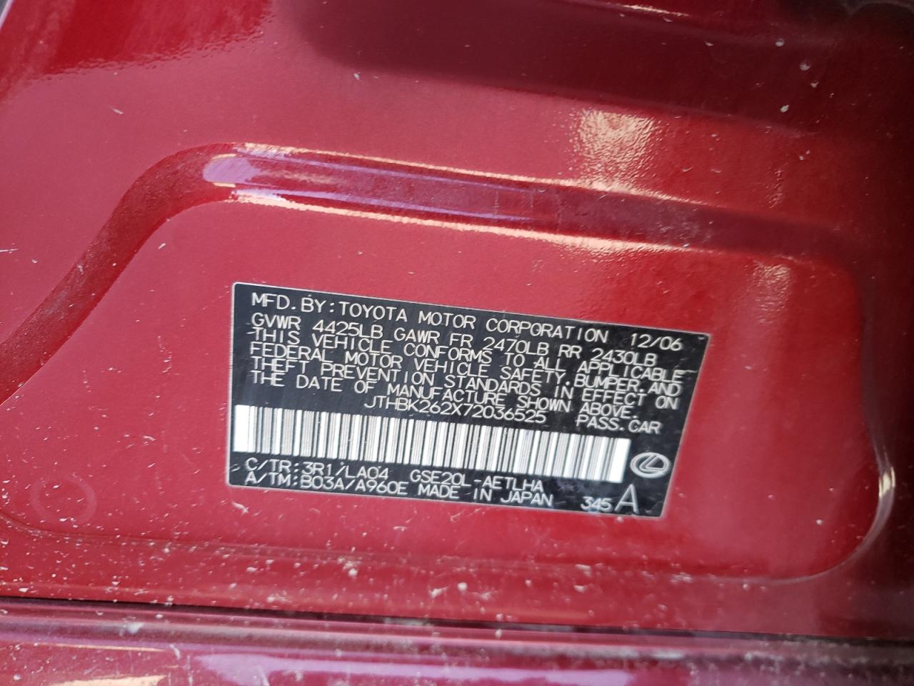 Photo 10 from auction – 2007 LEXUS IS 250 with VIN JTHBK262X72036525