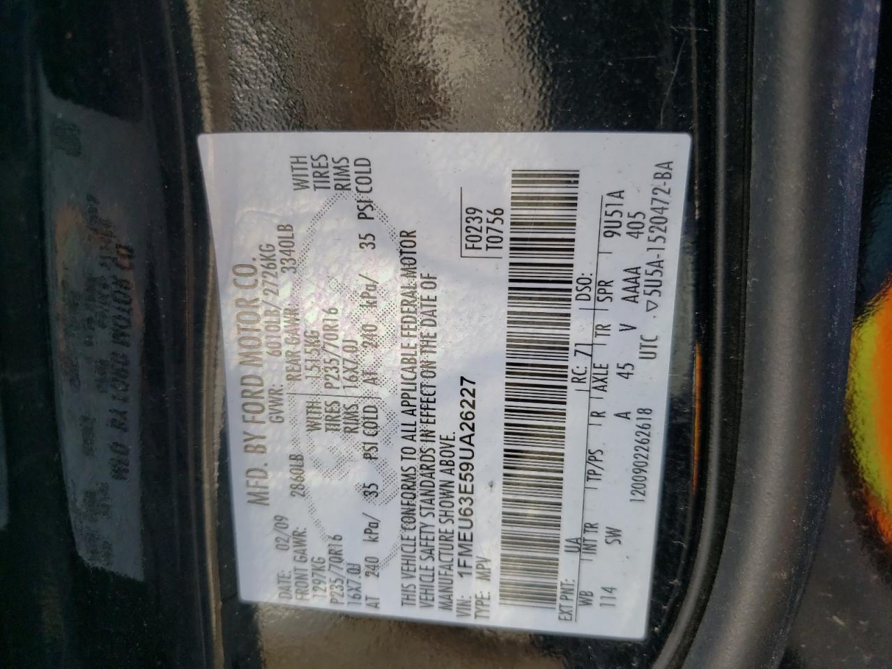 Photo 10 from auction – 2009 FORD EXPLORER X with VIN 1FMEU63E59UA26227