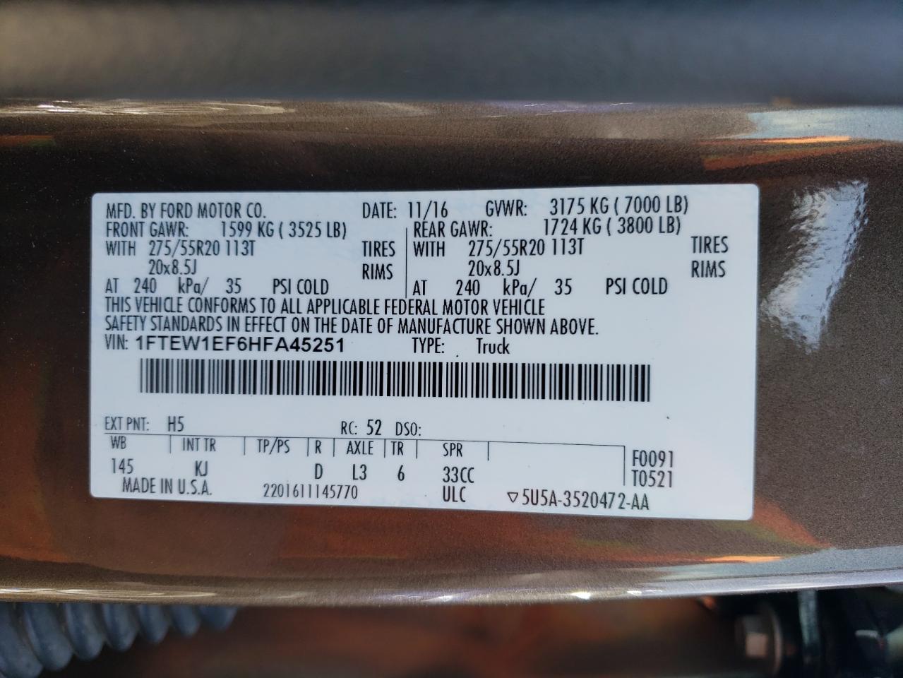 Photo 10 from auction – 2017 FORD F150 SUPER with VIN 1FTEW1EF6HFA45251