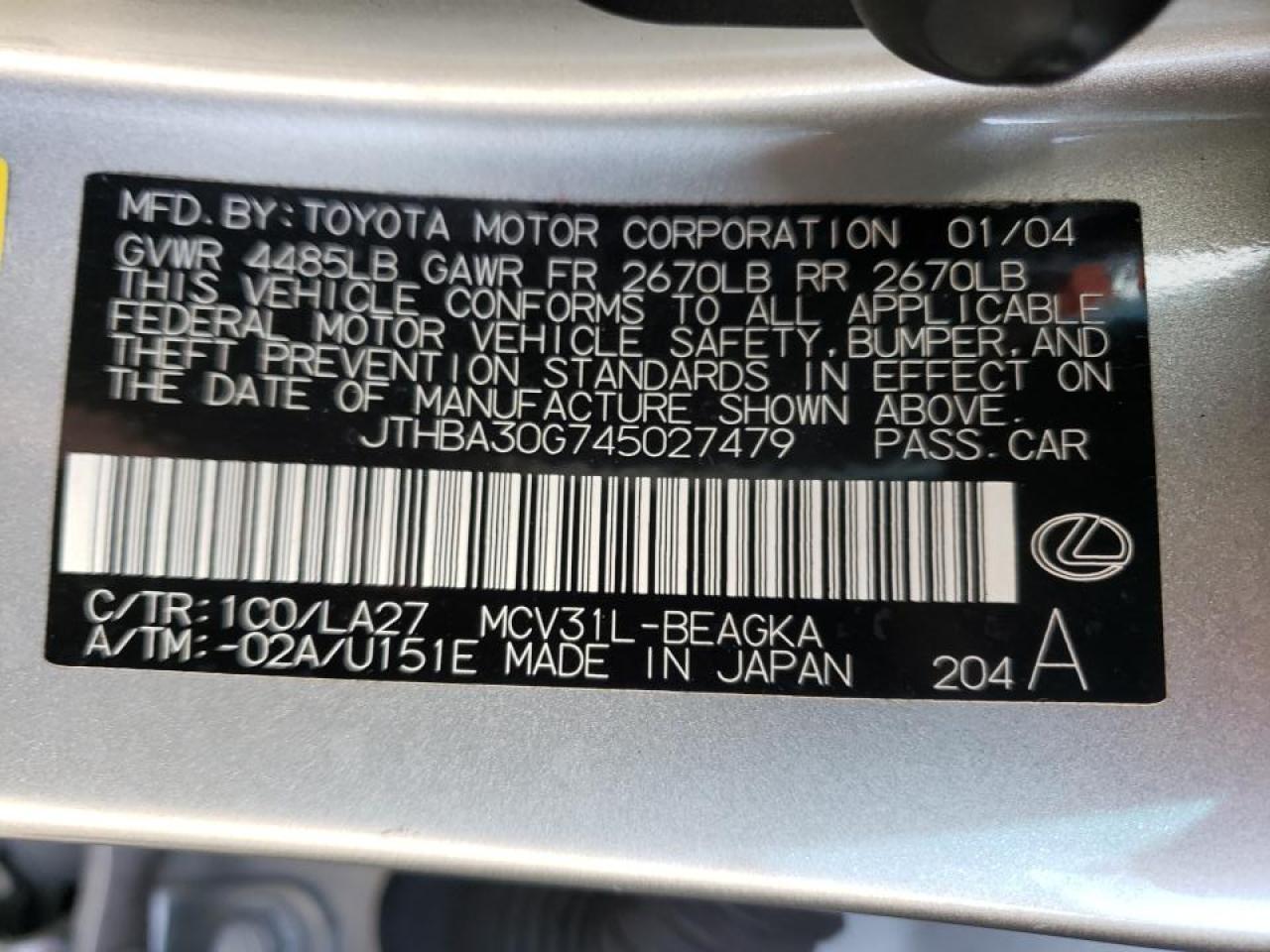 Photo 10 from auction – 2004 LEXUS ES 330 with VIN JTHBA30G745027479