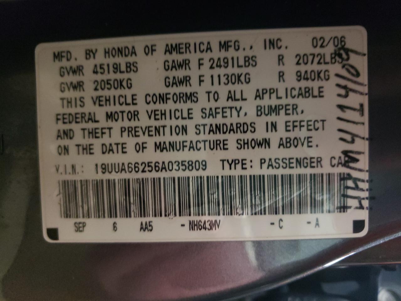 Photo 10 from auction – 2006 ACURA 3.2TL with VIN 19UUA66256A035809
