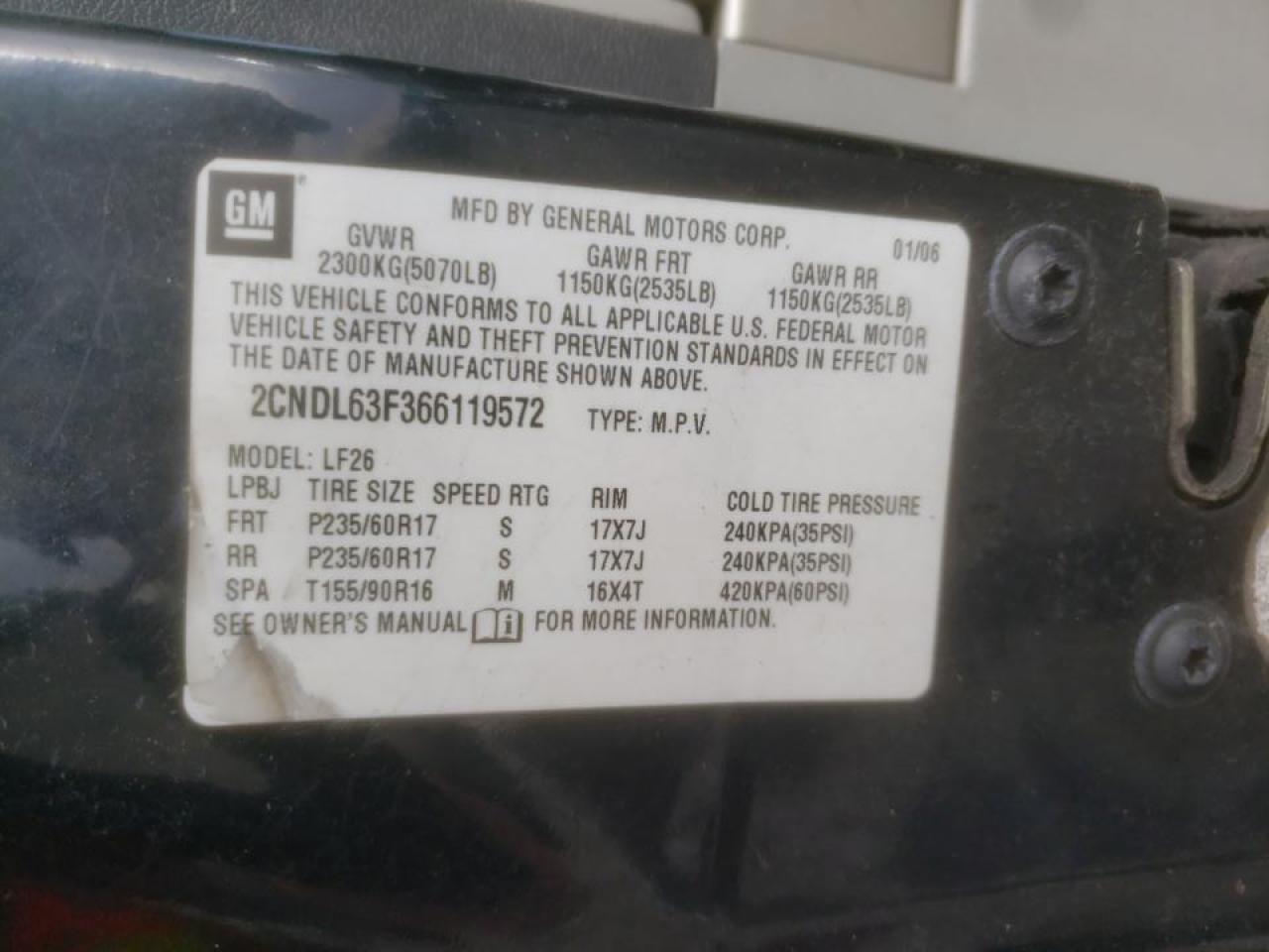 Photo 10 from auction – 2006 CHEVROLET EQUINOX LT with VIN 2CNDL63F366119572