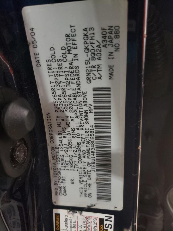 Photo 10 from auction – 2004 TOYOTA 4RUNNER SR with VIN JTEBU14R348025814
