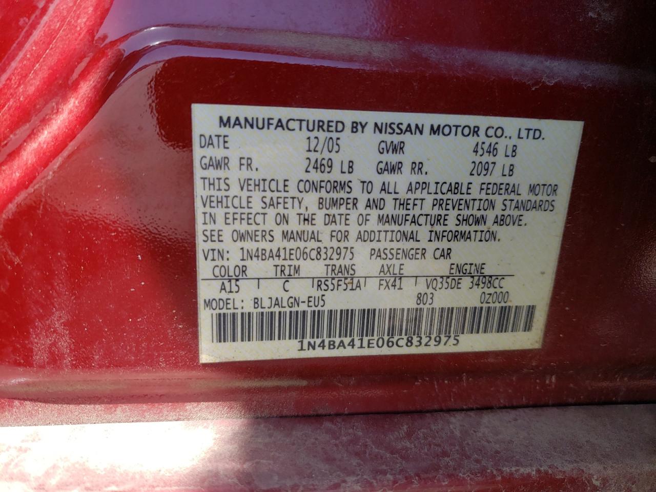 Photo 10 from auction – 2006 NISSAN MAXIMA SE with VIN 1N4BA41E06C832975