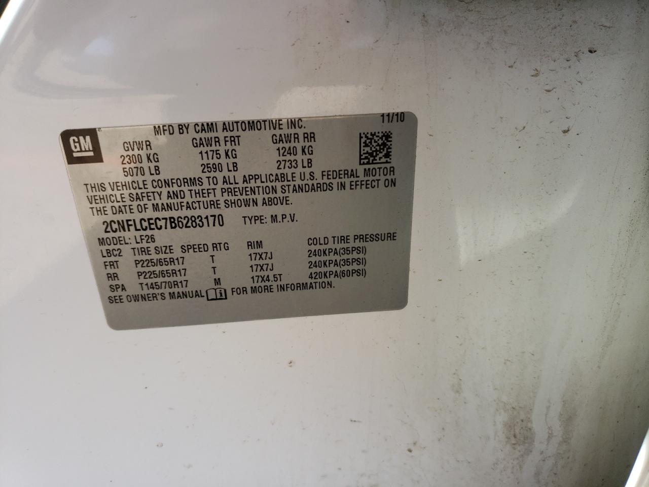 Photo 10 from auction – 2011 CHEVROLET EQUINOX LS with VIN 2CNFLCEC7B6283170