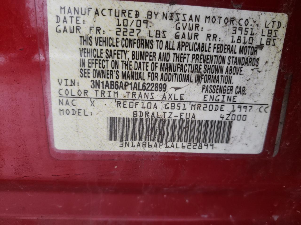 Photo 11 from auction – 2010 NISSAN SENTRA 2.0 with VIN 3N1AB6AP1AL622899