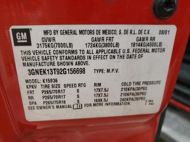 Photo 10 from auction – 2002 CHEVROLET AVALANCHE with VIN 3GNEK13T92G156698