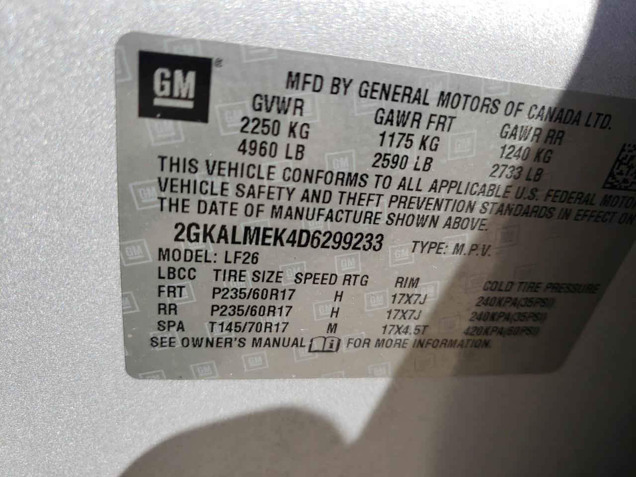 Photo 10 from auction – 2013 GMC TERRAIN SL with VIN 2GKALMEK4D6299233