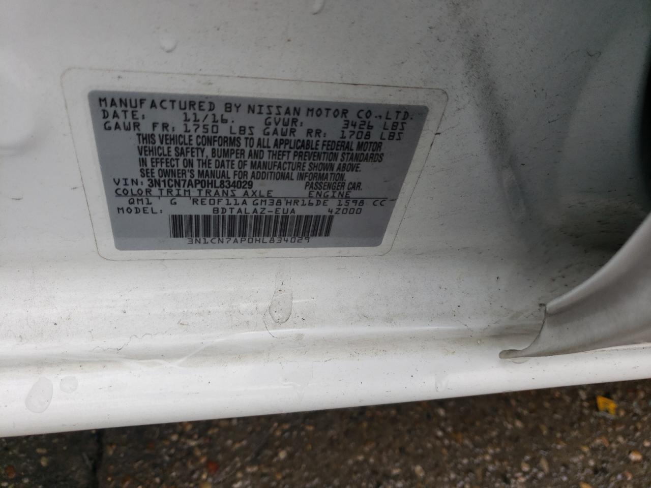 Photo 10 from auction – 2017 NISSAN VERSA S with VIN 3N1CN7AP0HL834029
