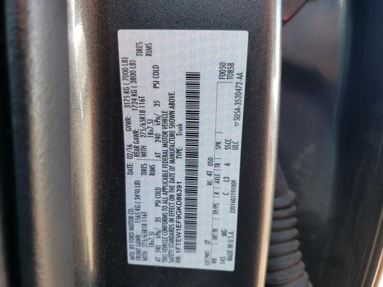 Photo 10 from auction – 2016 FORD F150 SUPER with VIN 1FTEW1EF9GKD86391